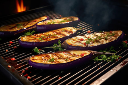A close-up view of a grill with grilled eggplant. This image can be used to showcase outdoor cooking, healthy eating, or vegetarian recipes.の素材