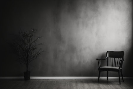 A black and white photo featuring a chair and a plant. This versatile image can be used in various design projects.の素材