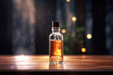 A bottle of liquid is sitting on top of a wooden table. This versatile image can be used for various purposes.の素材