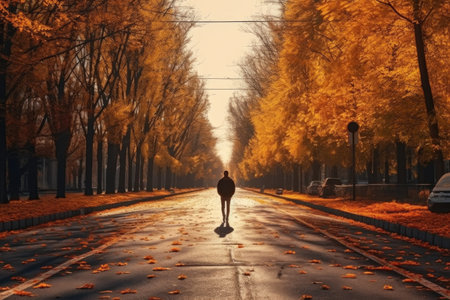 A person is seen walking down a street surrounded by beautiful trees. This image can be used to depict a leisurely stroll, a peaceful neighborhood, or a scenic pathway.の素材