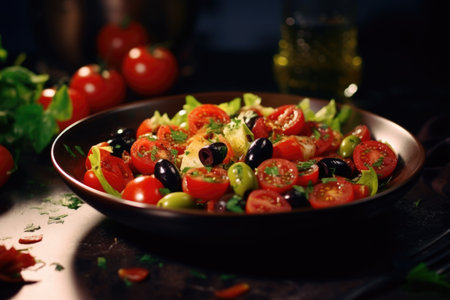 A delicious and nutritious bowl of salad filled with fresh tomatoes, olives, and crisp lettuce leaves. Perfect for a light and refreshing meal. Ideal for use in recipes, health and wellness articles, and food blogs.の素材