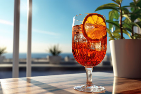 A glass filled with a drink sitting on top of a table. Suitable for various applications.の素材