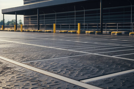 A picture of a parking lot with a parking meter in front of a building. This image can be used to illustrate concepts such as parking, urban infrastructure, or city life.の素材