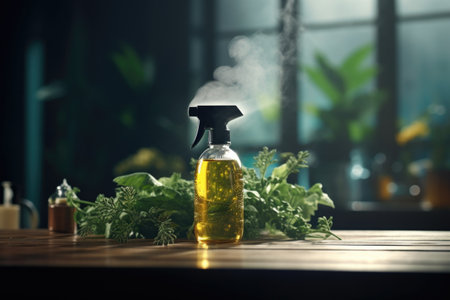 A bottle of spray resting on a wooden table. Perfect for cleaning, gardening, or DIY projects.の素材