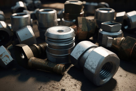 A collection of nuts and bolts scattered on the ground. Suitable for illustrations related to construction, hardware, or repair projects.の素材