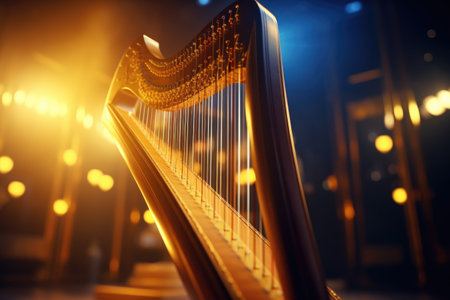 A close up view of a harp on a stage. This image can be used to enhance music-related articles or as a background for concert promotions.の素材