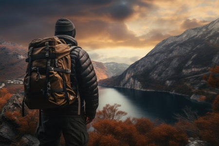 A man stands with a backpack, gazing at the tranquil beauty of a lake. This image captures the sense of adventure and appreciation for nature. Ideal for travel blogs, outdoor magazines, and wanderlust-themed websites.の素材