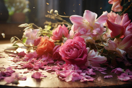 A close-up view of a beautiful bunch of flowers placed on a table. Perfect for adding a touch of color and elegance to any space.の素材