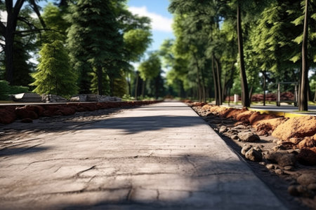 A picture of a paved road with rocks and trees in the background. This image can be used to depict a peaceful and scenic landscape.の素材