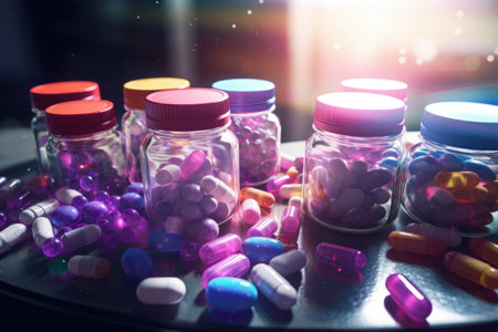 A collection of various colored pills arranged on a table. This image can be used to depict healthcare, pharmaceuticals, medicine, addiction, or drug-related topics.の素材