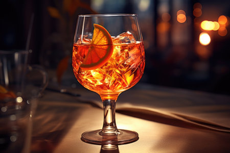 A glass filled with a drink sitting on top of a table. This image can be used to showcase beverages, relaxation, or socializing.の素材
