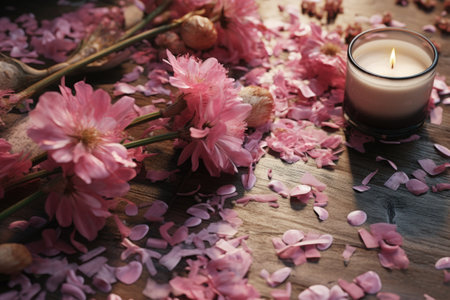 A simple and elegant arrangement of a candle and pink flowers on a table. Perfect for adding a touch of beauty and serenity to any space.の素材