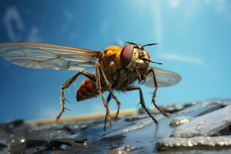 A detailed close-up shot of a fly resting on a piece of metal. This image can be used to depict nature, insects, or the concept of perseverance.の素材