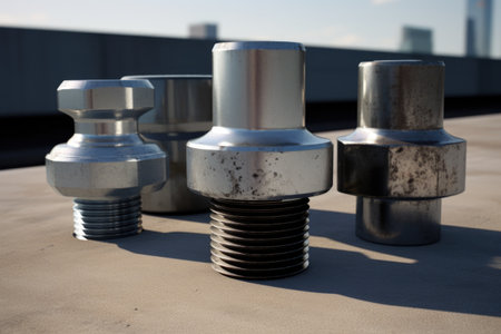 Metal fittings sitting on top of a roof. Can be used to depict construction, architecture, or home improvement projects.の素材