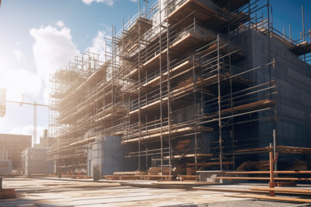 A picture of a construction site with scaffolding. This image can be used to depict construction, architecture, or building projects.の素材