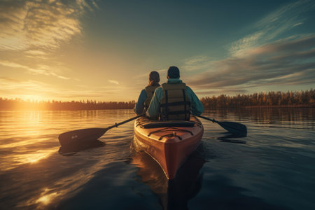 Two people in a canoe enjoying a peaceful sunset on a serene lake. Perfect for outdoor and nature-themed projects.の素材