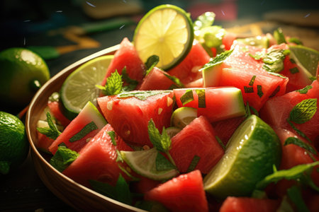 A vibrant bowl filled with juicy watermelon, zesty lime slices, and fresh mint leaves. Perfect for a refreshing summer snack or a colorful addition to a tropical-themed event.の素材