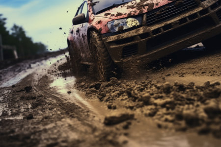 A picture of a car driving through a muddy road. Can be used to depict off-road adventures or challenging driving conditions.の素材