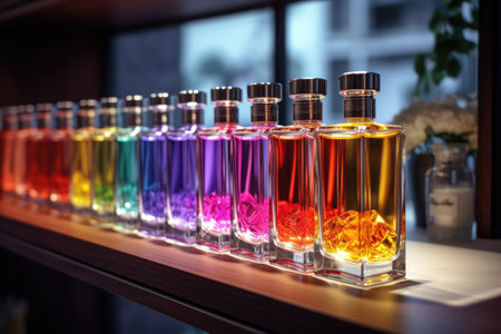 A row of different colored perfume bottles displayed on a shelf. Perfect for showcasing a variety of fragrances in a stylish and organized manner.の素材