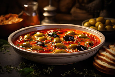 A delicious bowl of soup with olives and bread on a table. Perfect for food and dining concepts.の素材