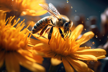 A vibrant yellow flower with a bee perched on it, adorned with sparkling water droplets. This captivating image captures the beauty of nature and the delicate interaction between the bee and the flower. Perfect for showing the wonders of pollination or adding a touch of nature to any project.の素材