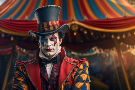 A picture of a clown dressed in a top hat and costume. This image can be used for various purposes, such as circus-themed events, children's parties, or entertainment-related projects.の素材