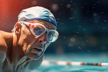 An older man wearing goggles is seen swimming in a pool. This image can be used to depict active aging, water sports, or recreational activities.の素材