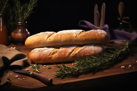 A simple and rustic image of two bread loaves placed on a wooden cutting board. Perfect for food blogs, recipes, or bakery promotions.の素材