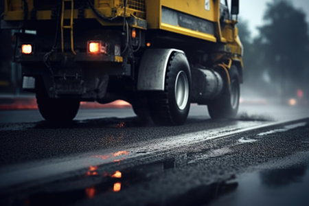 A yellow truck driving down a wet street. This image can be used to depict transportation, urban scenes, or rainy weather.の素材