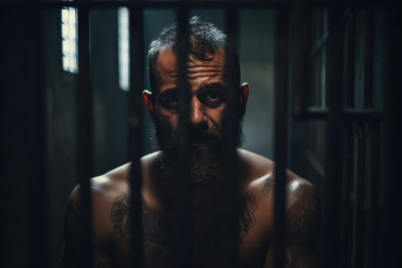 A picture of a man with a beard and tattoos standing behind prison bars. This image can be used to depict concepts of incarceration, criminal justice, or confinement.の素材