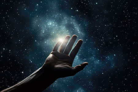 A person's hand reaching up towards the stars. This image can be used to symbolize ambition, dreams, and aspirations.の素材