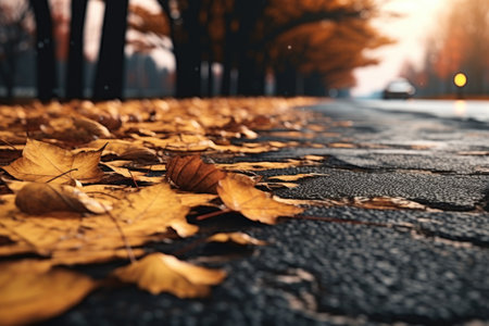 A picturesque street covered in a blanket of fallen leaves. Perfect for autumn-themed designs and seasonal promotions.の素材
