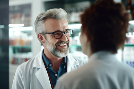A man in a lab coat having a conversation with a woman. This image can be used to depict teamwork, collaboration, or scientific research.の素材