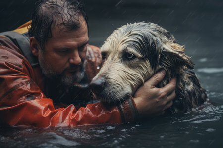 A heartwarming image of a man affectionately embracing a dog in the water. This picture captures the special bond between humans and their furry companions. Perfect for illustrating themes of love, friendship, and the joy of spending time outdoors with pets.の素材