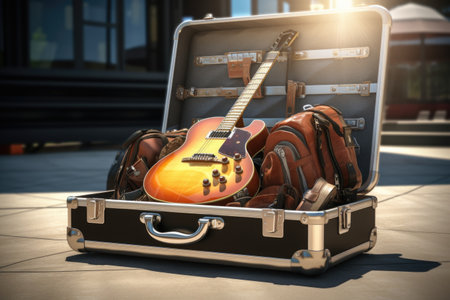 A guitar is securely packed inside a suitcase, ready for travel or storage. This versatile image can be used to represent music, travel, or the connection between the two.の素材