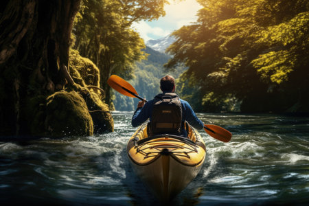 A man in a yellow kayak paddles down a river. This image can be used to depict outdoor sports and recreational activities.の素材
