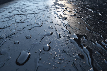 A picture of a wet surface covered in water droplets. This image can be used to depict concepts such as freshness, cleanliness, or the aftermath of rain.の素材