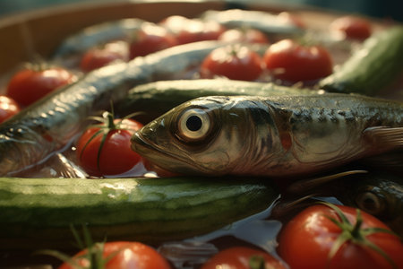 A close-up view of a bowl filled with fresh fish and ripe tomatoes. This image can be used to showcase the freshness of seafood dishes or to promote healthy eating options.の素材