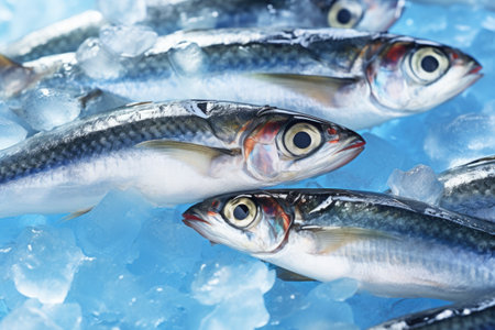 A group of fish sitting on top of a pile of ice. This image can be used to depict the concept of cold environment or the effects of climate change on aquatic life.の素材