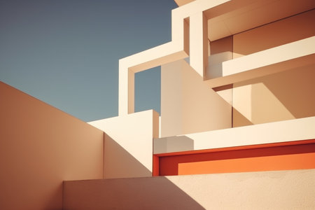 A picture of a white building with a red door and windows. Can be used to depict a residential or commercial property.の素材