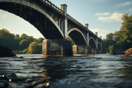 A picturesque bridge spanning a tranquil body of water, surrounded by lush green trees. Perfect for nature lovers and those seeking a peaceful scene.の素材