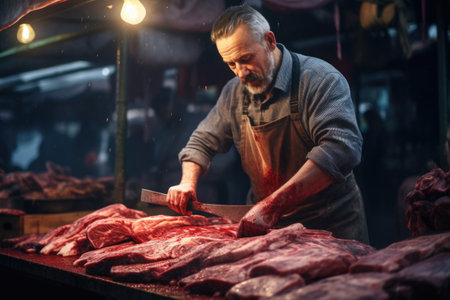 A man is seen cutting meat on a cutting board. This image can be used to showcase culinary skills or food preparation in a kitchen setting.の素材
