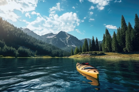 A yellow kayak floating peacefully on the calm surface of a serene lake. This image captures the tranquility and freedom of being out on the water. Perfect for outdoor enthusiasts and adventure seekers. .の素材