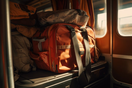 A large orange bag is seen sitting on top of a train. This versatile image can be used to depict travel, transportation, or luggage. .の素材