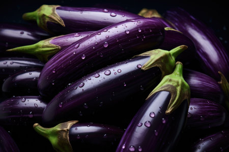 A bunch of purple eggplant stacked on top of each other. This image can be used to depict a variety of concepts such as food, cooking, healthy eating, agriculture, and vegetarianism.の素材