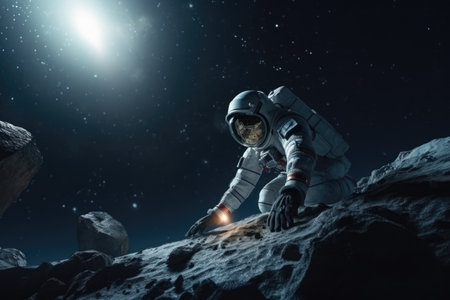 A man dressed in a space suit sitting on a rock. Suitable for space exploration themes or science fiction concepts.の素材