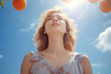 A woman standing under an orange tree, gazing up at the sky. This picture can be used to depict contemplation, nature, or mindfulness.の素材