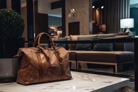 A brown leather bag sitting on top of a table. This versatile image can be used to showcase fashion accessories, travel essentials, or workplace organization.の素材