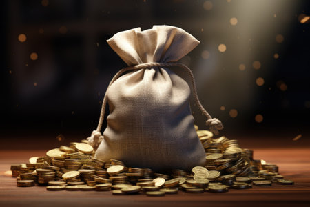 A bag of gold coins sitting on top of a wooden table. This image can be used to represent wealth, financial success, or saving for the future.の素材