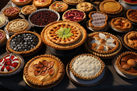 A table filled with a variety of delicious pies. Perfect for food blogs, bakery advertisements, or Thanksgiving promotions.の素材